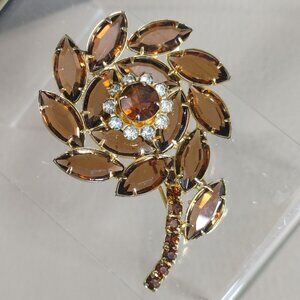 Brooch Amber Marquise Round Rhinestones Vintage Gold Tone Floral Clear Prong Set